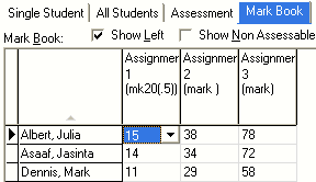 Student Results Maintenance - Mark Book tab (Results grid area)