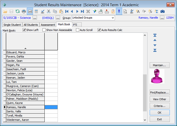 Student Results Maintenance - Markbook tab