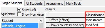 Student Results Maintenance - Single Student tab (Classification field)