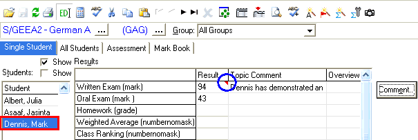 Student Results Maintenance - Single Student tab (populated, topic comment)
