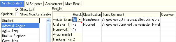 Student Results Maintenance - Single Student tab (cut down)