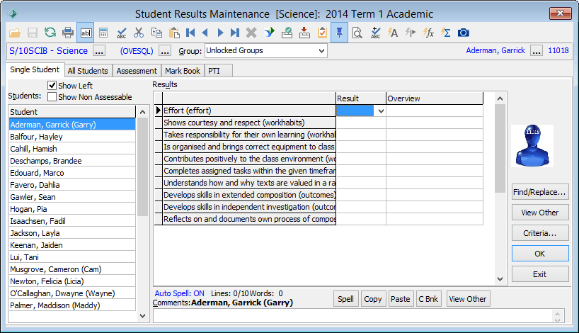 Student Results Maintenance - Single Student tab