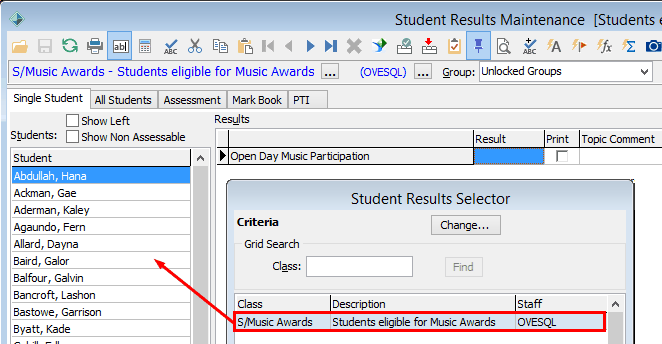 Student Results Maintenance - Student result selector to students (award example)