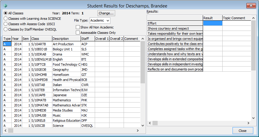 Student Results Window (view other results)
