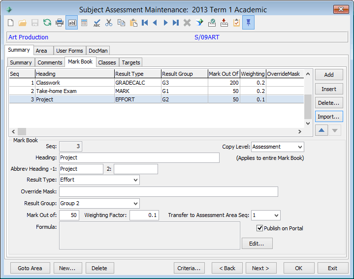 Subject Asessment Maintenance - Summary tab - Mark Book sub-tab