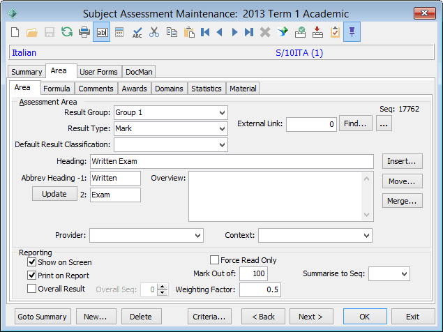 Subject Assesment Maintenance - Area tab - Area sub-tab