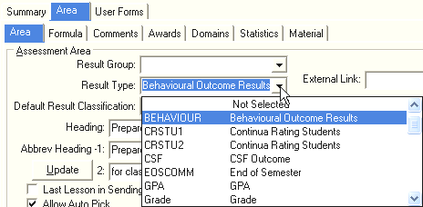 Subject Assessment Maintenance - Area tab - Area sub-tab (Result Type)