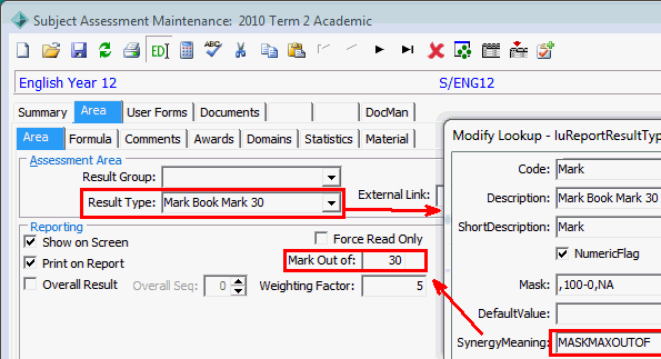 Subject Assessment Maintenance - Area tab - Area sub-tab (cut down)