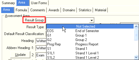 Subject Assessment Maintenance - Area tab - Area sub-tab (Result Group, highlighted)