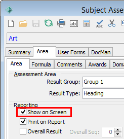 Subject Assessment Maintenance - Area tab - Area sub-tab (cut down)