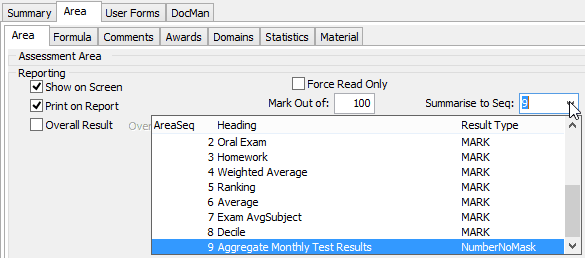 Subject Assessment Maintenance - Area tab - Area sub-tab (Summarise to Seq)