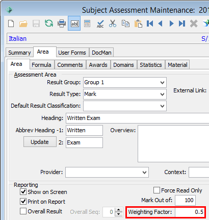 Subject Assessment Maintenance - Area tab - Area sub-tab (cut down)