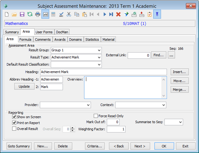 Subject Assessment Maintenance - Area tab - Area sub-tab