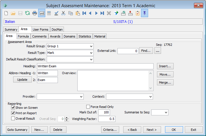 Subject Assessment Maintenance - Area tab - Area sub-tab