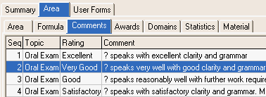 Subject Assessment Maintenance - Area tab - Comments sub-tab (cut down)