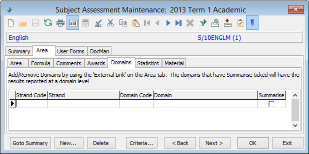 Subject Assessment Maintenance - Area tab - Domains sub-tab