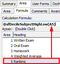 Subject Assessment Maintenance - Area tab - Formula sub-tab (@sfDecileSubjectHighLow, cut down)