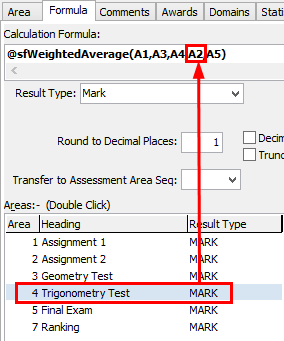 Subject Assessment Maintenance - Area tab - Formula sub-tab (cut down)