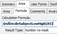 Subject Assessment Maintenance - Area tab - Formula sub-tab (cut down, result type)