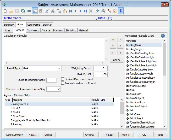 Subject Assessment Maintenance - Area tab - Formula sub-tab