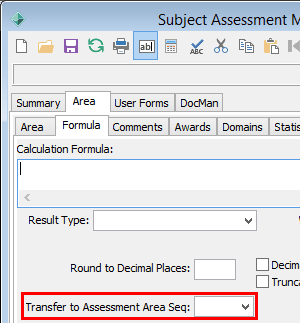 Subject Assessment Maintenance - Area tab - Formula subtab (cut down, Transfer to Seq highlighted)
