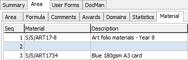 Subject Assessment Maintenance - Area tab - Material sub-tab (grid area)