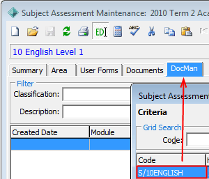 Subject Assessment Maintenance - DocMan tab (cut down)