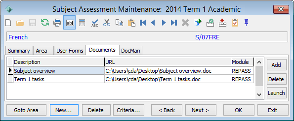 Subject Assessment Maintenance - Documents tab