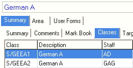 Subject Assessment Maintenance - Summary tab - Classes sub-tab (cut down)