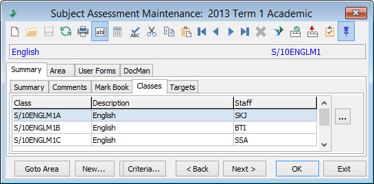 Subject Assessment Maintenance - Summary tab - Classes sub-tab