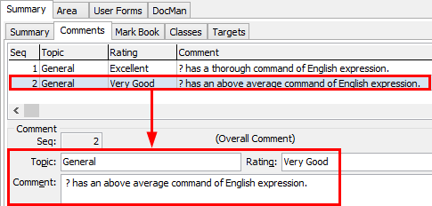 Subject Assessment Maintenance - Summary tab - Comments sub-tab (cut down)