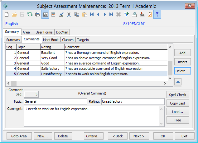Subject Assessment Maintenance - Summary tab - Comments sub-tab