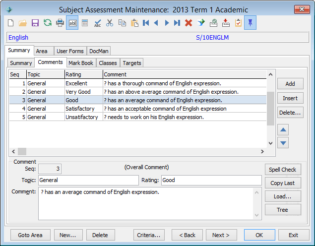 Subject Assessment Maintenance - Summary tab - Comments sub-tab