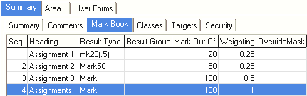Subject Assessment Maintenance - Summary tab - Mark Book sub-tab (cut down)