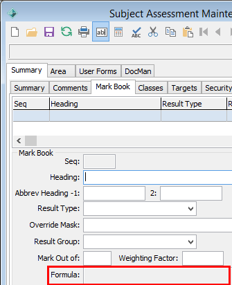 Subject Assessment Maintenance - Summary tab - Mark Book sub-tab (cut down, formula highlighted)
