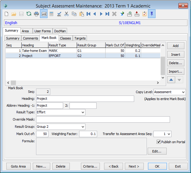 Subject Assessment Maintenance - Summary tab - Mark Book sub-tab (populated)