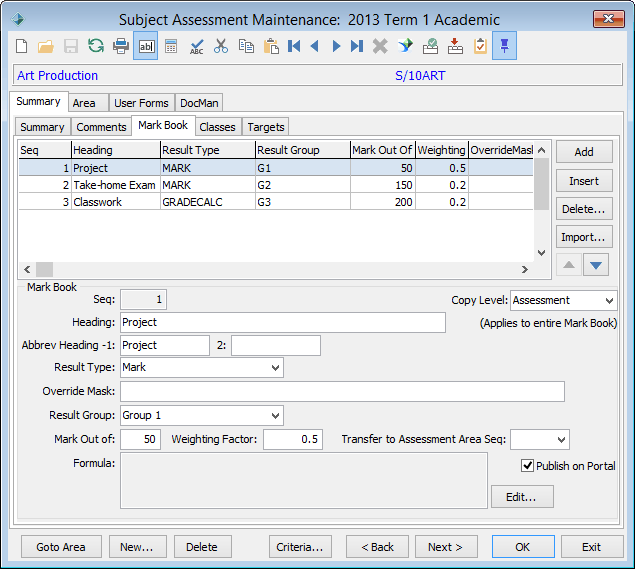 Subject Assessment Maintenance - Summary tab - Mark Book sub-tab (Art example)