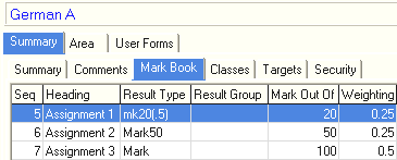 Subject Assessment Maintenance - Summary tab - Mark Book tab (cut down)