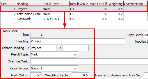 Subject Assessment Maintenance - Summary tab - Mark Book tab (grid area fields)