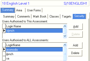 Subject Assessment Maintenance - Summary tab - Security sub-tab (cut down)