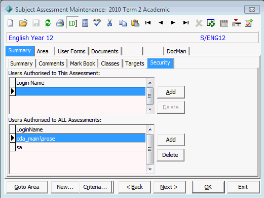 Subject Assessment Maintenance - Summary tab - Security sub-tab