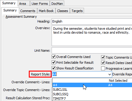 Subject Assessment Maintenance - Summary tab - Summary sub-tab (Report Style)