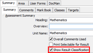 Subject Assessment Maintenance - Summary tab - Summary sub-tab (Show Result Classification field)