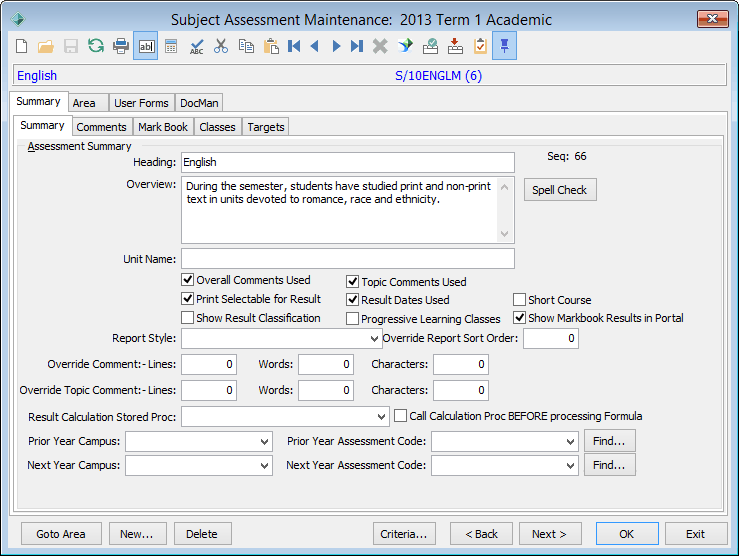Subject Assessment Maintenance - Summary tab - Summary sub-tab