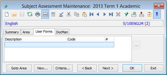 Subject Assessment Maintenance - User Forms tab