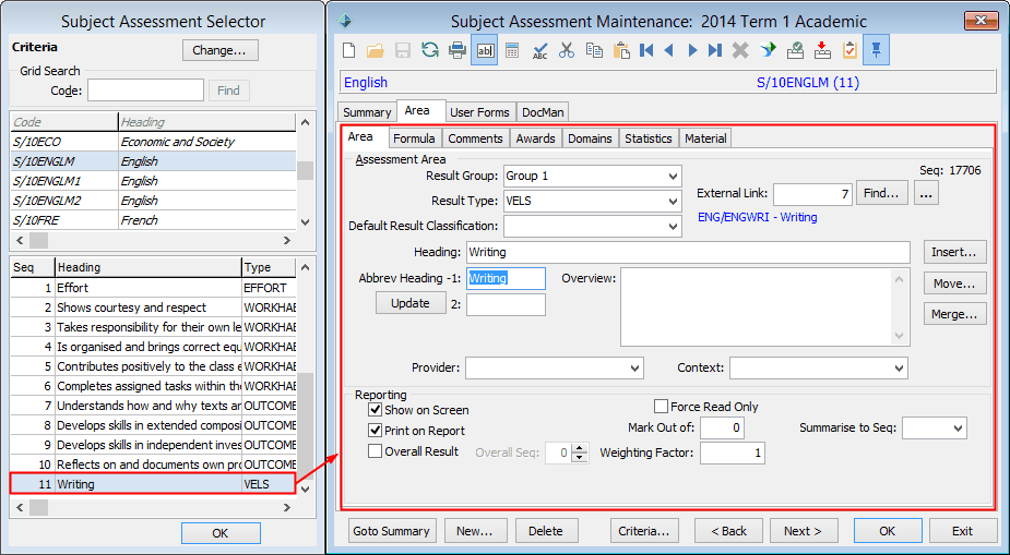 Subject Assessment Maintenance windows (Adding VELS area)