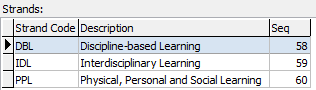 Subject Assessment Other Definition Maintenance window (Strands grid area)