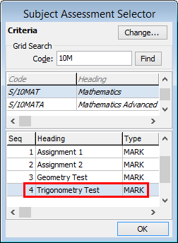 Subject Assessment Selector window
