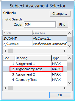 Subject Assessment Selector window