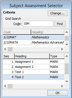 Subject Assessment Selector window (before merging)